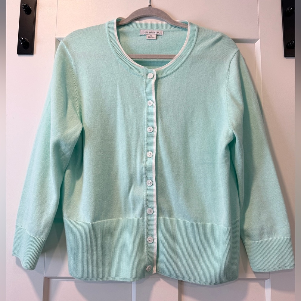 Liz Claiborne Light Mint Green With White Cardigan Sweater Ladies Size XL